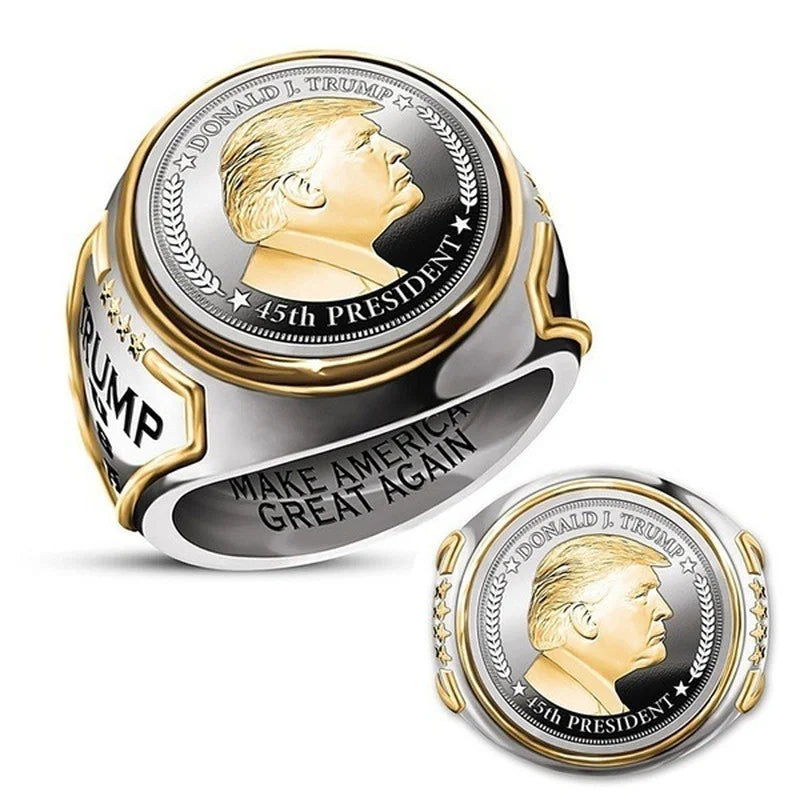 Patriotic Trump Biker Ring - Silver & Gold-Tone American President Jewelry