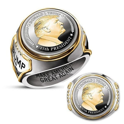 Patriotic Trump Biker Ring - Silver & Gold-Tone American President Jewelry